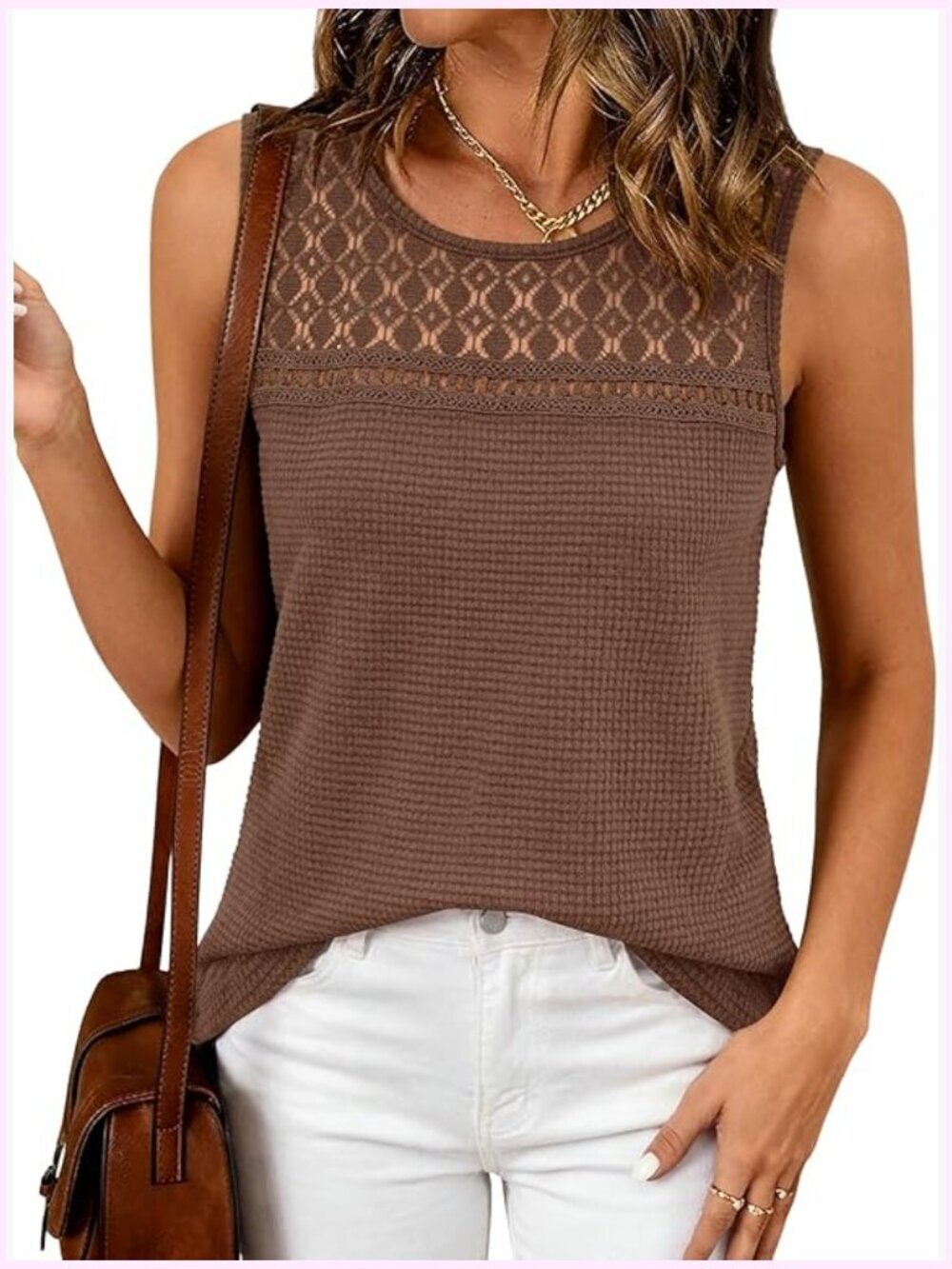 Waffle Knit Sleeveless Tank Top Loose Fit Crew Neck Summer Top